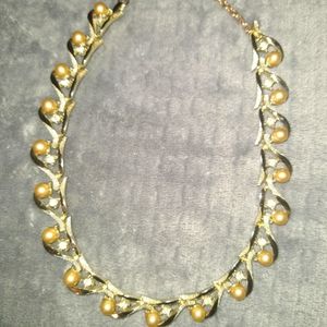 Gold Tone Faux Pearl Rhinestone Necklace